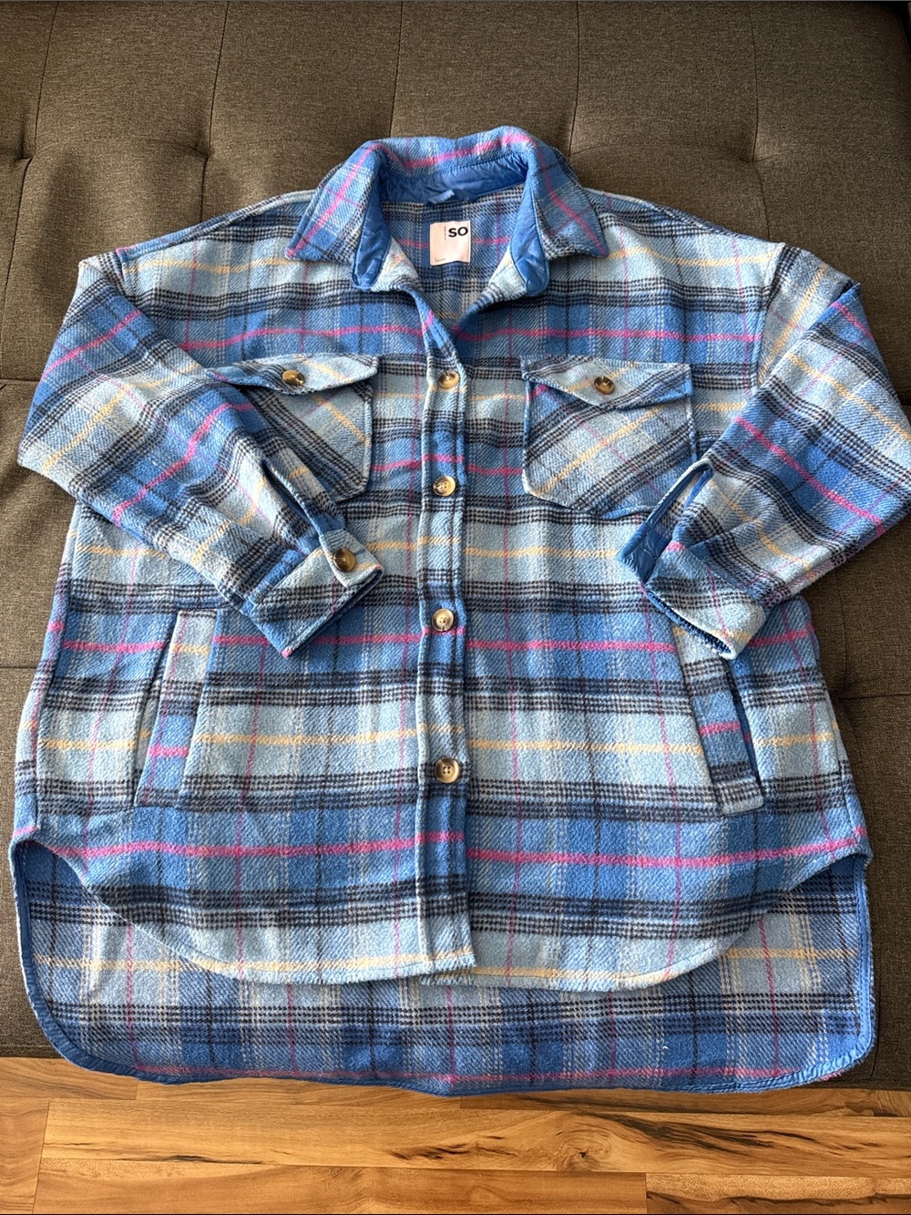 SO Blue Plaid Shacket with Pink Accents